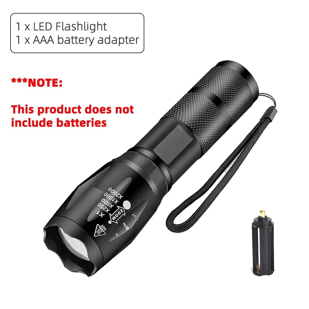 High Power LED Flashlight  5 Modes, Zoomable, Waterproof, Aluminum Alloy, 3 AAA Batteries