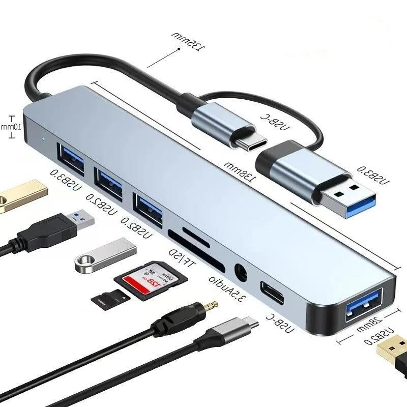 8 in 1 USB Hub with Card Reader, USB C Port, and SD, TF Slots  Docking Station with USB 3.0, 2.0