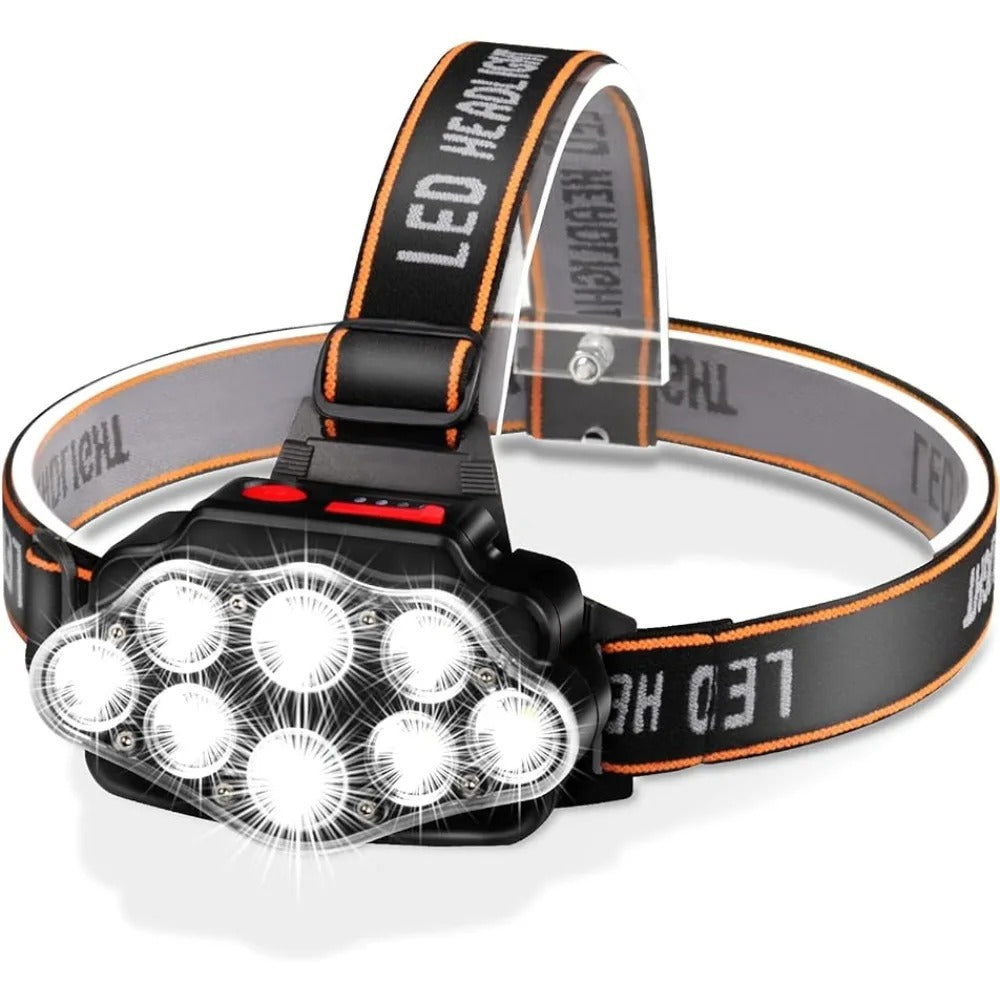 High-Lumen LED Headlamp  USB Rechargeable, 8 LEDs, IPX4 Waterproof